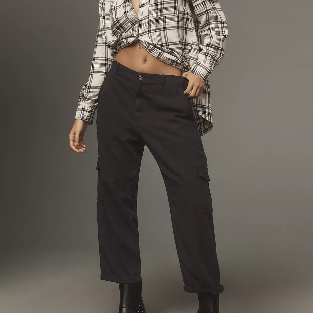 anthropologie pilcro slim linen beach cargo pants black S nwt